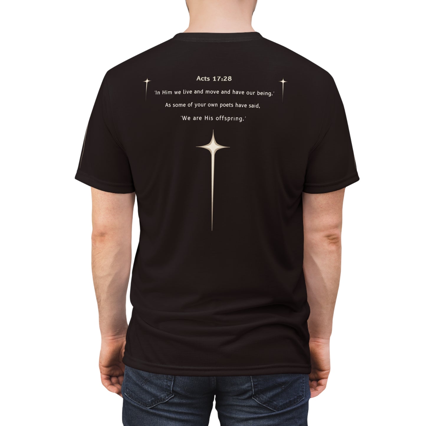 "Acts 17:28", Unisex T-shirt (Licorice Black)