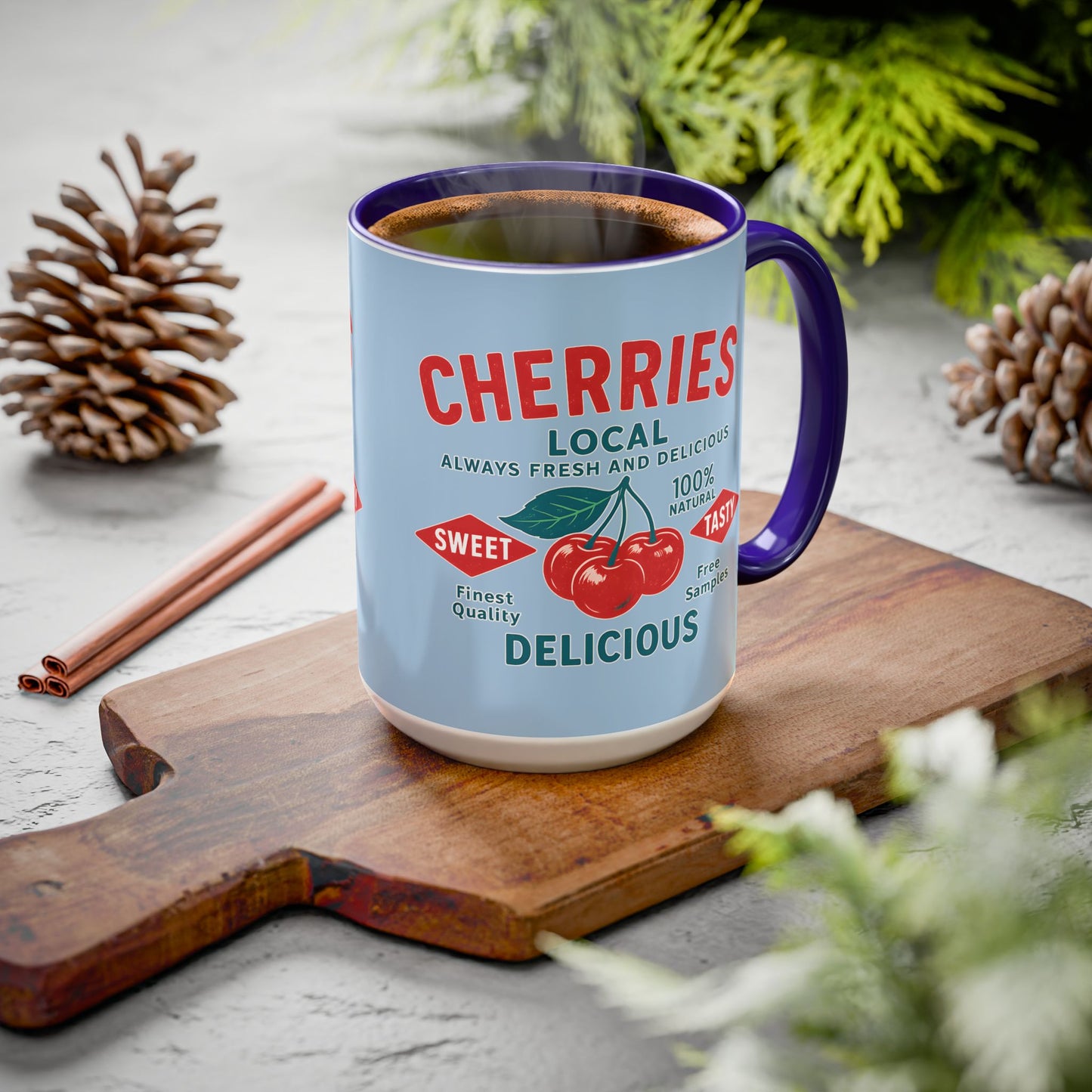 "Delicious Cherries", Colorful Mugs (11oz, 15oz) (Retro Sky)