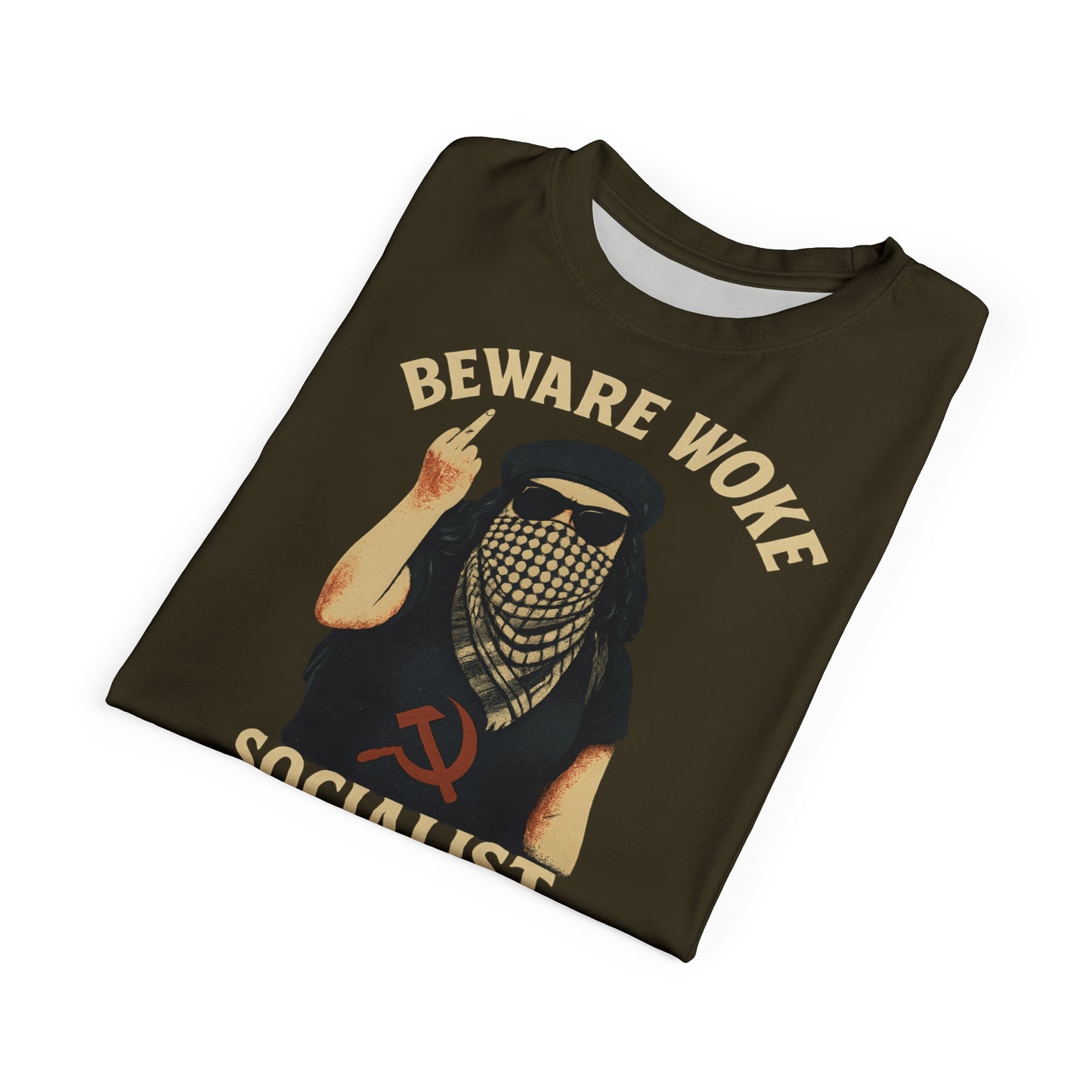 "Beware Woke - Voltaire", Wearable Art Unisex T-shirt (Olive Drab Brown)