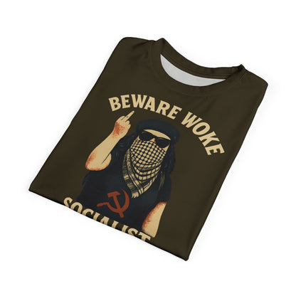 "Beware Woke - Voltaire", Wearable Art Unisex T-shirt (Olive Drab Brown)
