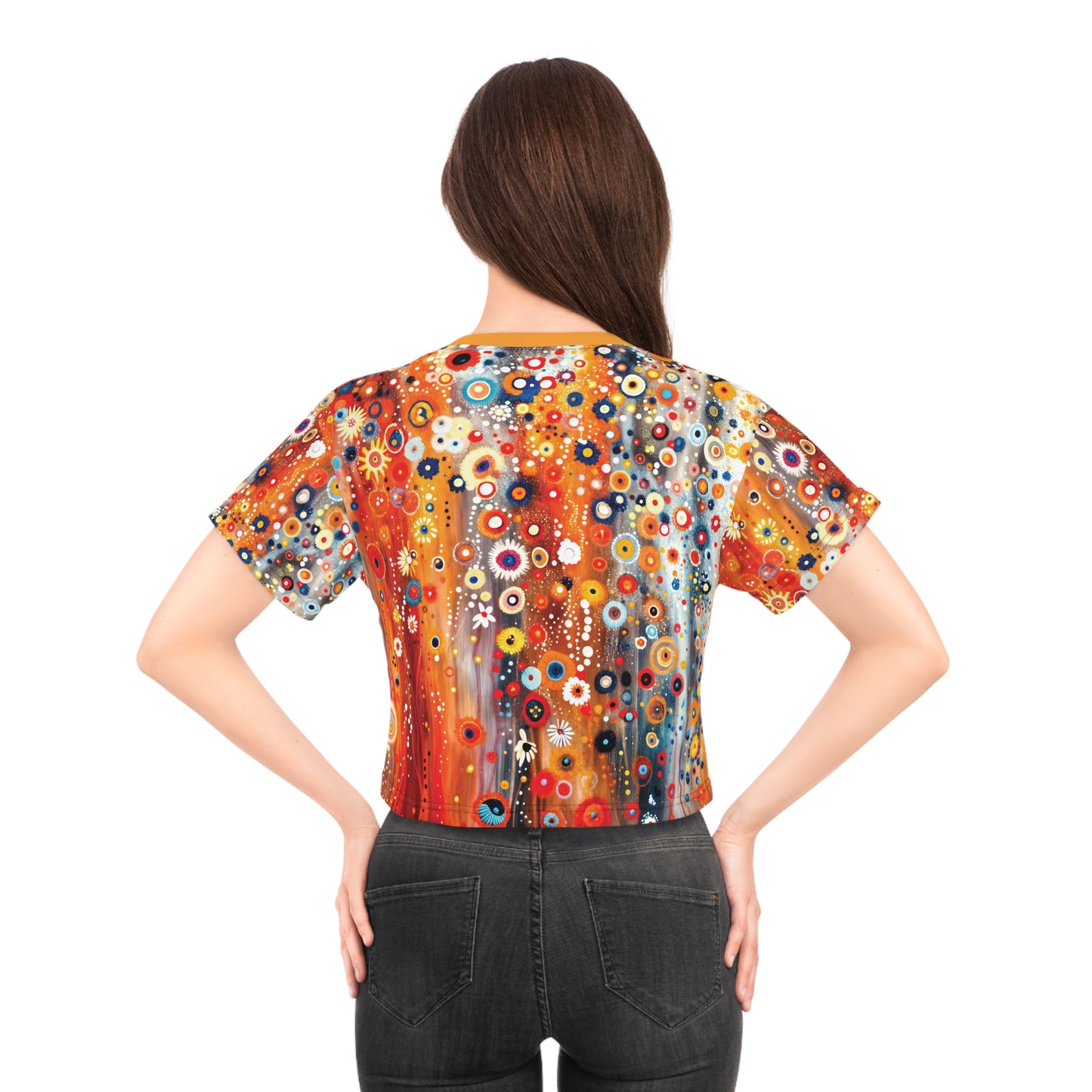 "Raining Flowers", Wearable Fine Art Crop Tee (Deep Saffron Orange Collar)