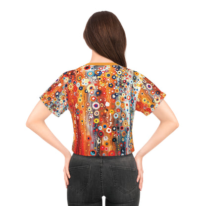 "Raining Flowers", Wearable Fine Art Crop Tee (Deep Saffron Orange Collar)