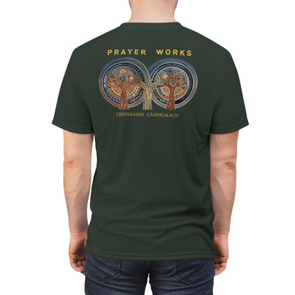 "Prayer Works – Gaelic Christian", Wearable Fine Art Unisex T-shirt (Hail Cloud Grey)