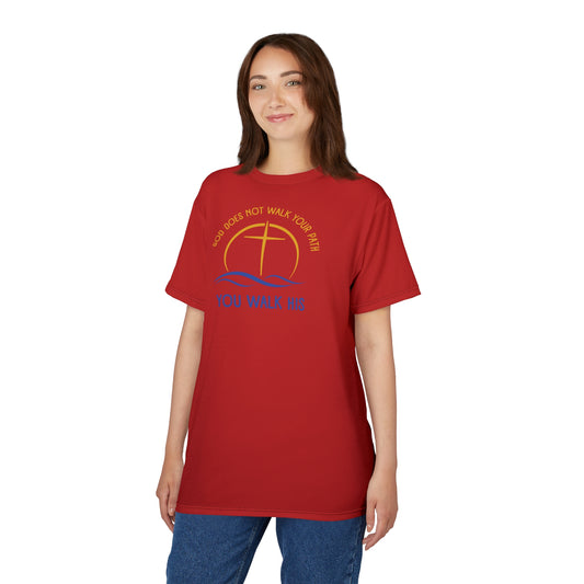 "God Does Not Walk Your Path", Unisex T-shirt (Light Cherry Red)