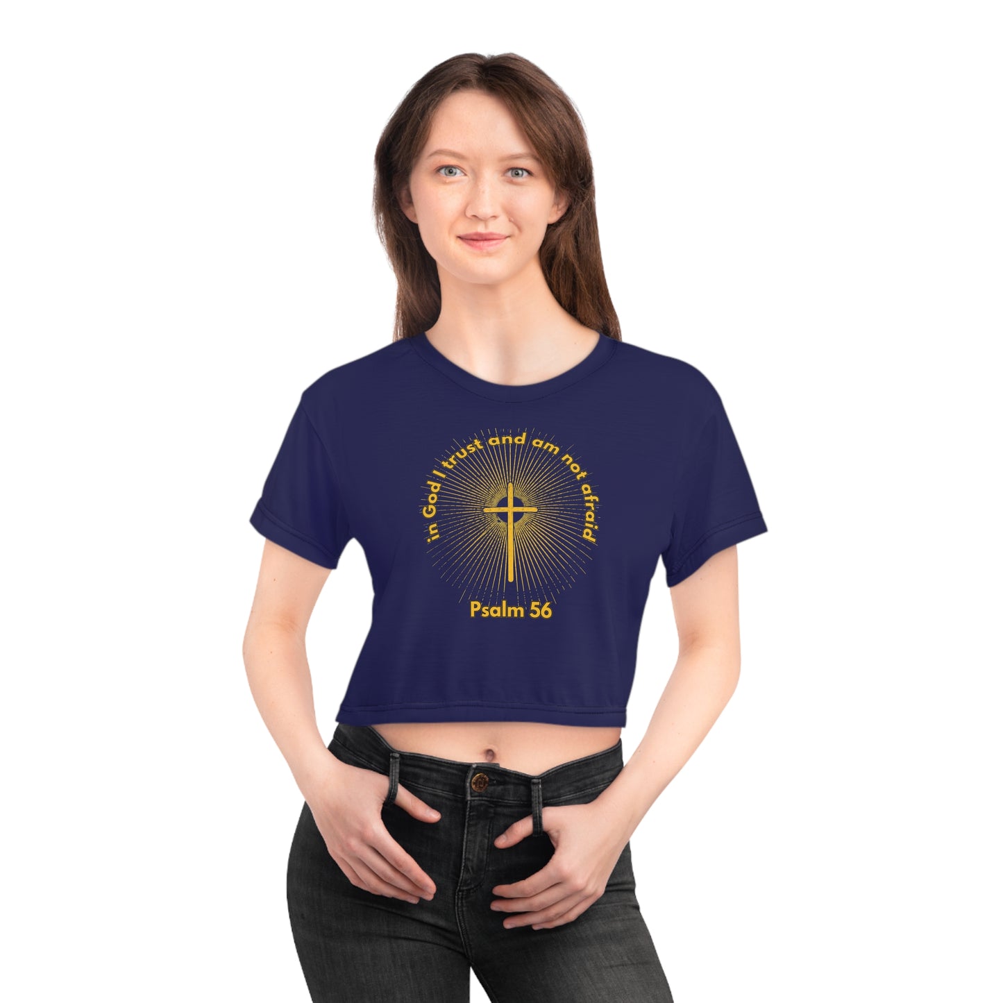"Psalm 56 - In God I Trust and Am Not Afraid", Crop Tee (Obsidian Blue)