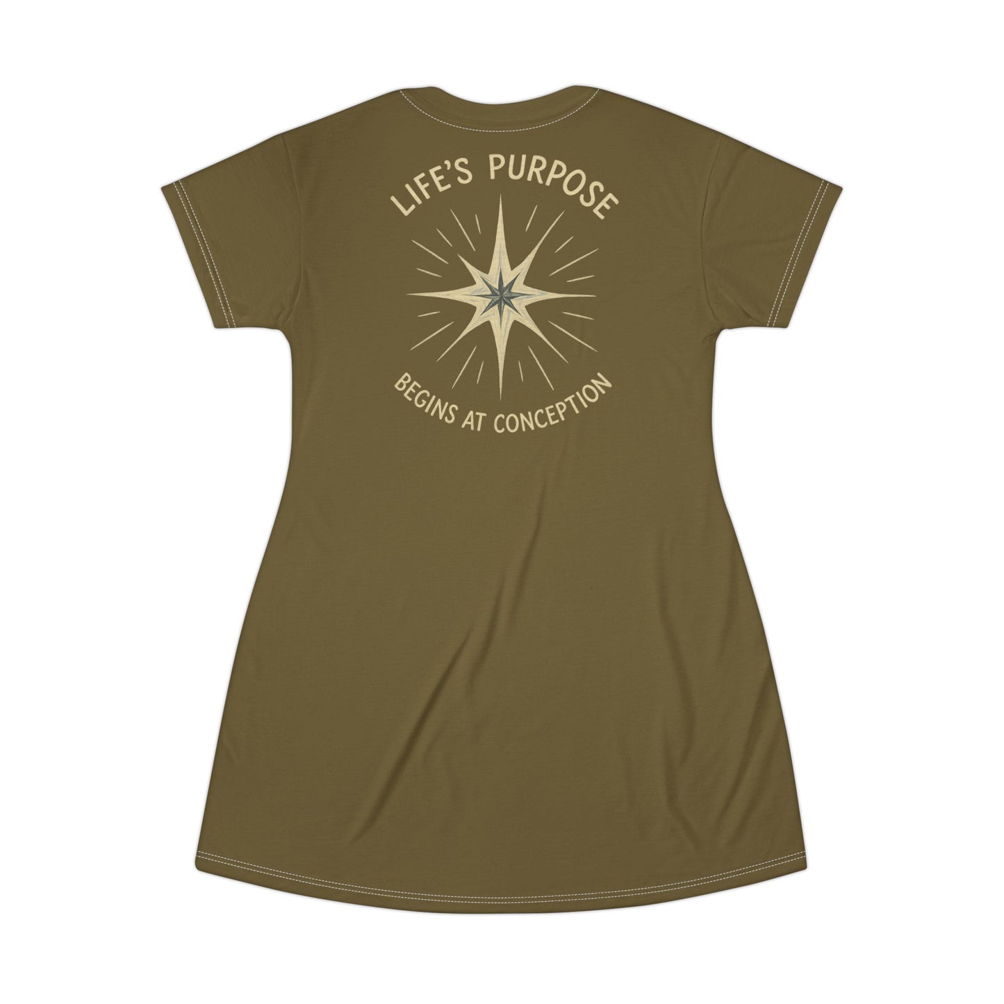 "Life's Purpose Begins at Conception #02", T-Shirt Dress (Bogbrush Olive)