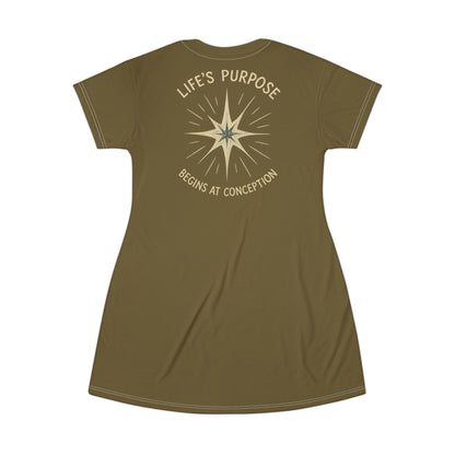 "Life's Purpose Begins at Conception #02", T-Shirt Dress (Bogbrush Olive)