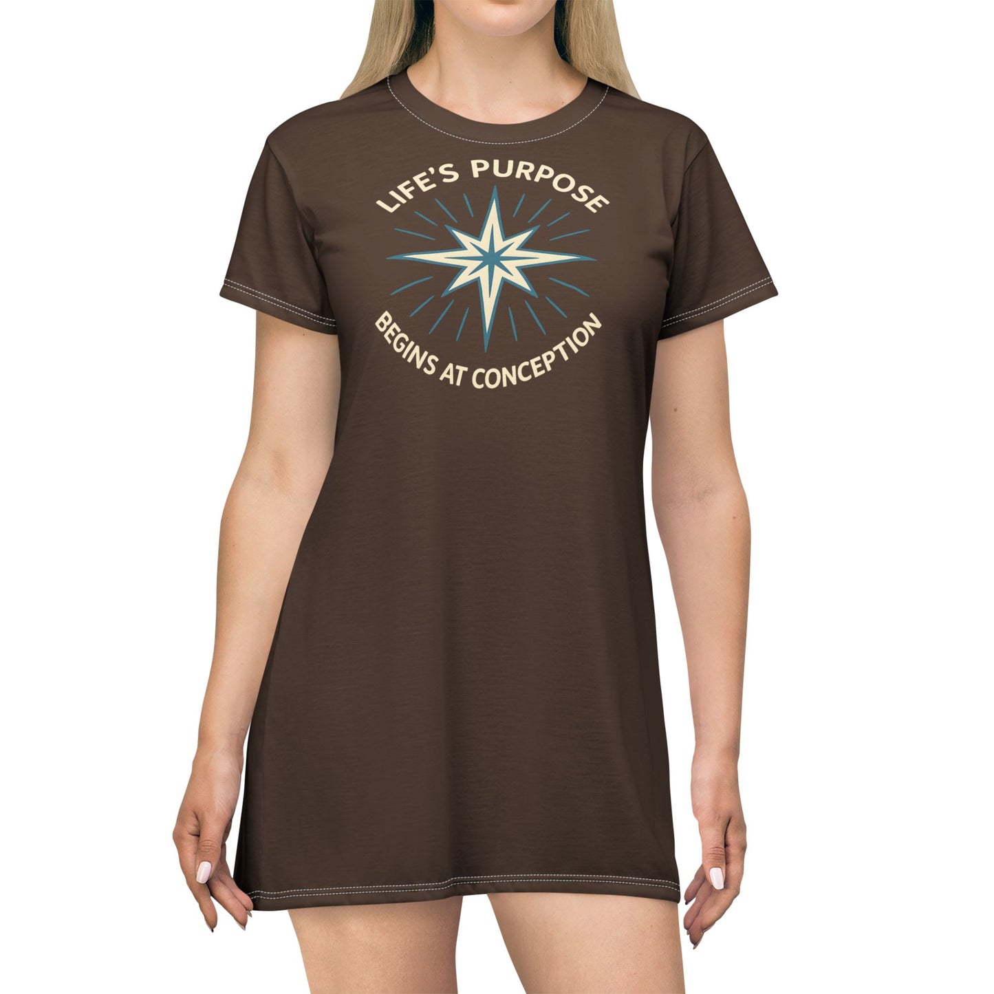 "Life's Purpose Begins at Conception #01", T-Shirt Dress (Bavarian Brown)