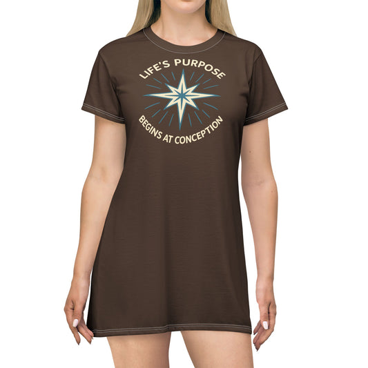 "Life's Purpose Begins at Conception #01", T-Shirt Dress (Bavarian Brown)