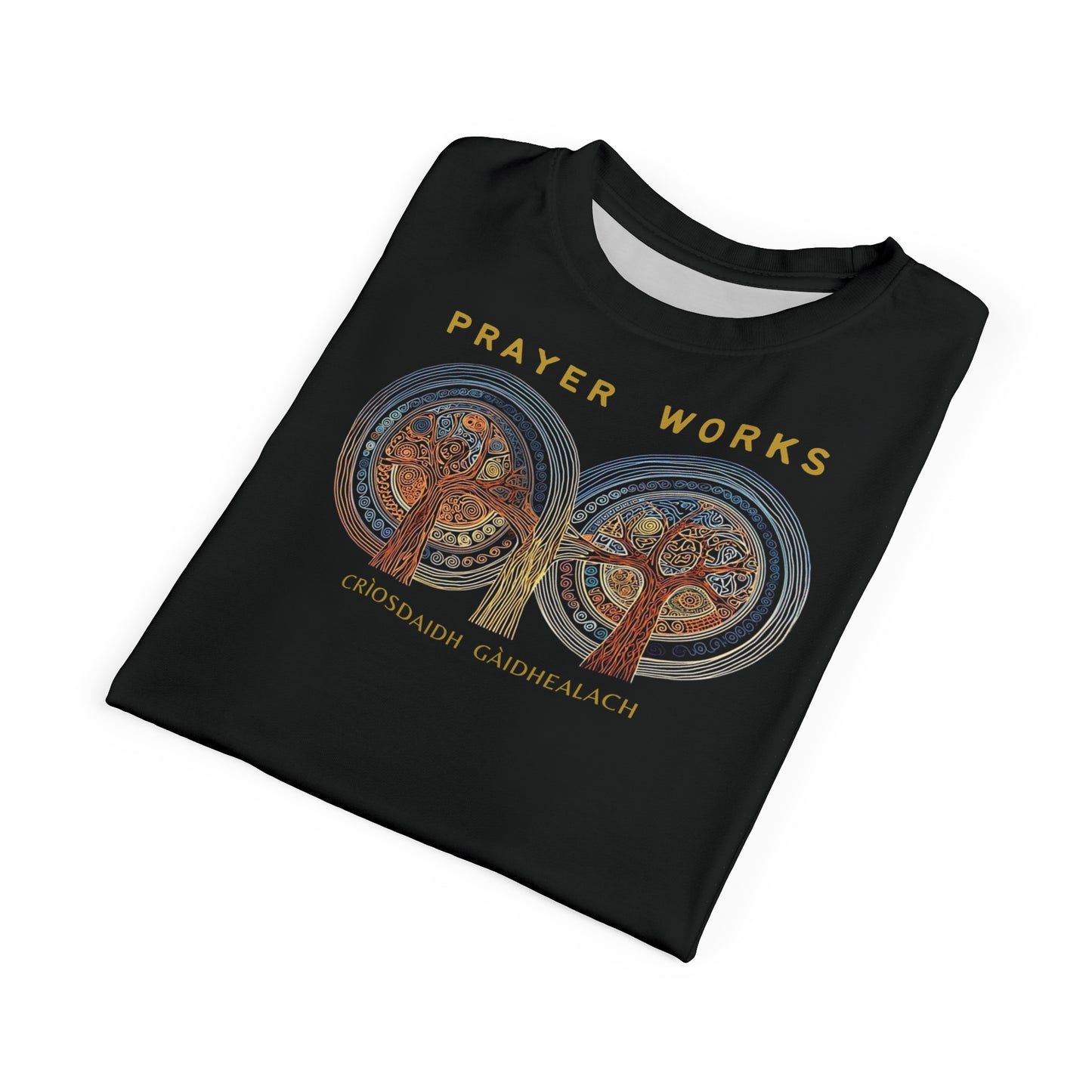 "Prayer Works – Gaelic Christian", Wearable Fine Art Unisex T-shirt (Peatshadow Black)
