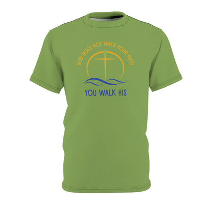 "God Does Not Walk Your Path", Unisex T-shirt (70's Light Green)