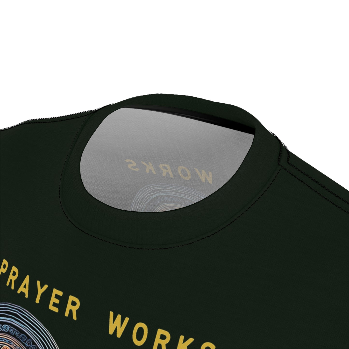 "Prayer Works – Gaelic Christian", Wearable Fine Art Unisex T-shirt (Blackstone Green)