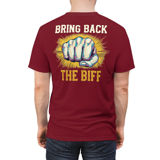 "Bring Back The Biff", Unisex T-shirt (Dark Cherry Red)