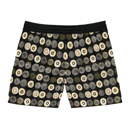 "Punk Polka", Men's Mid-Length Swim Shorts (Plain Black Cuffs)