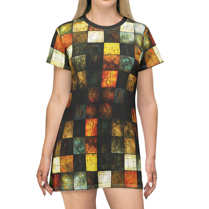 "Wood Block Pattern" #01, Wearable Fine Art T-Shirt Dress (Moss Black Collar)