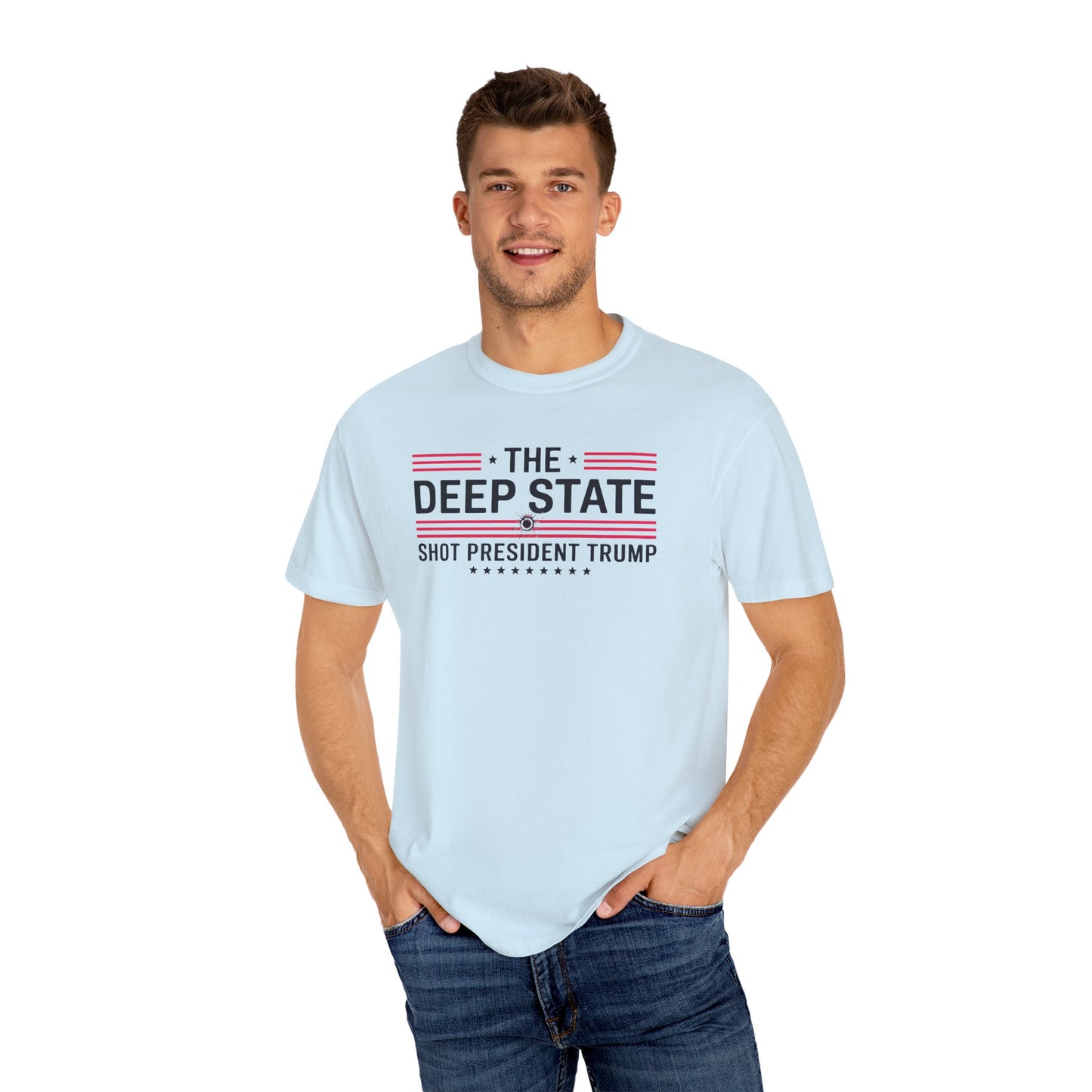 "The Deep State Shot President Trump" #02, Unisex White T-shirt