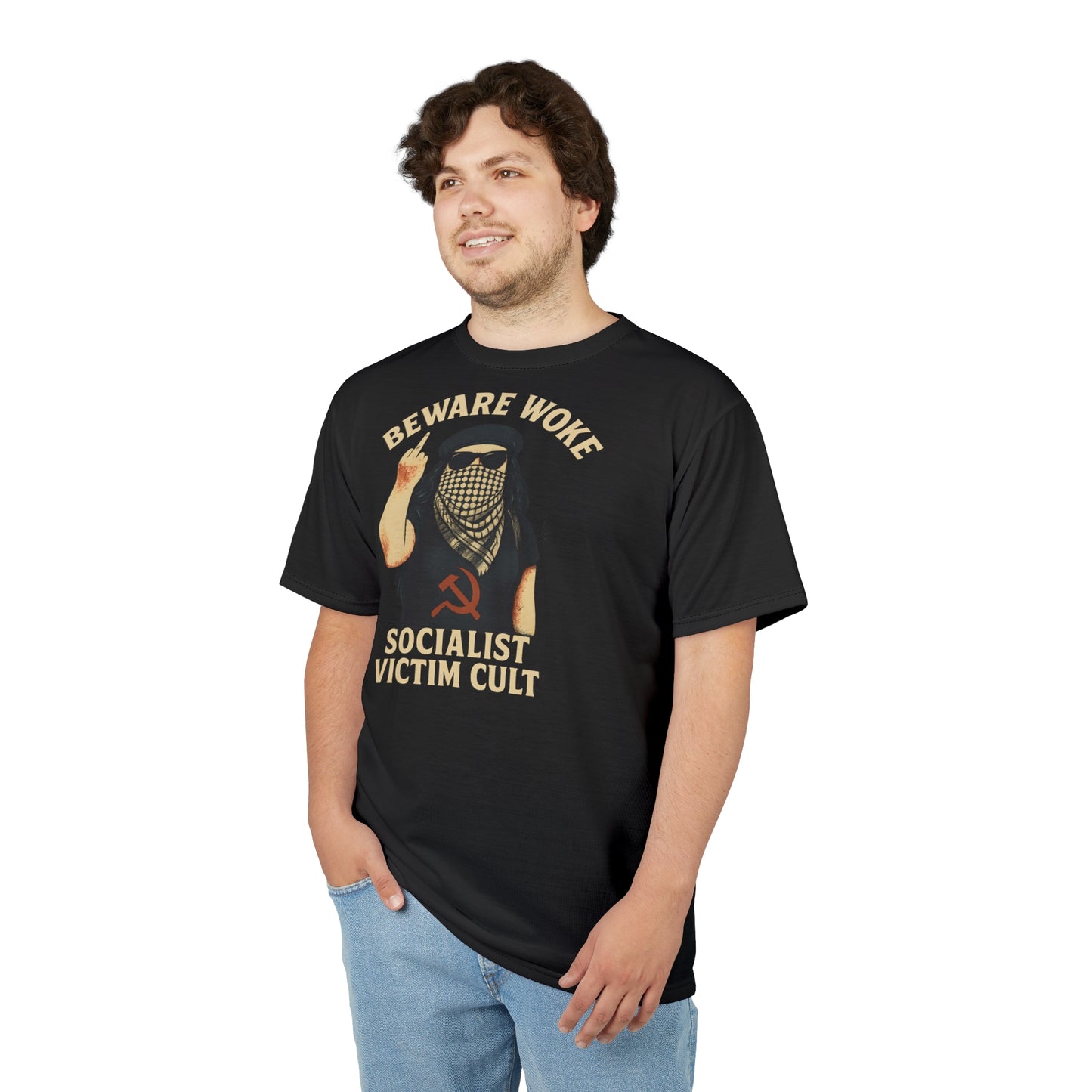 "Beware Woke - Voltaire", Wearable Art Unisex T-shirt (Black Leather)