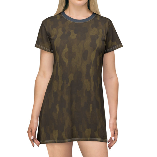 "Swamp Recon Camouflage", T-Shirt Dress (Drowned Indigo Collar)