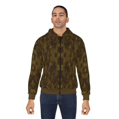 "Swamp Recon Camouflage", Unisex Wearable Art Zip Hoodie (Cattail Bronze Cuffs and Waist)