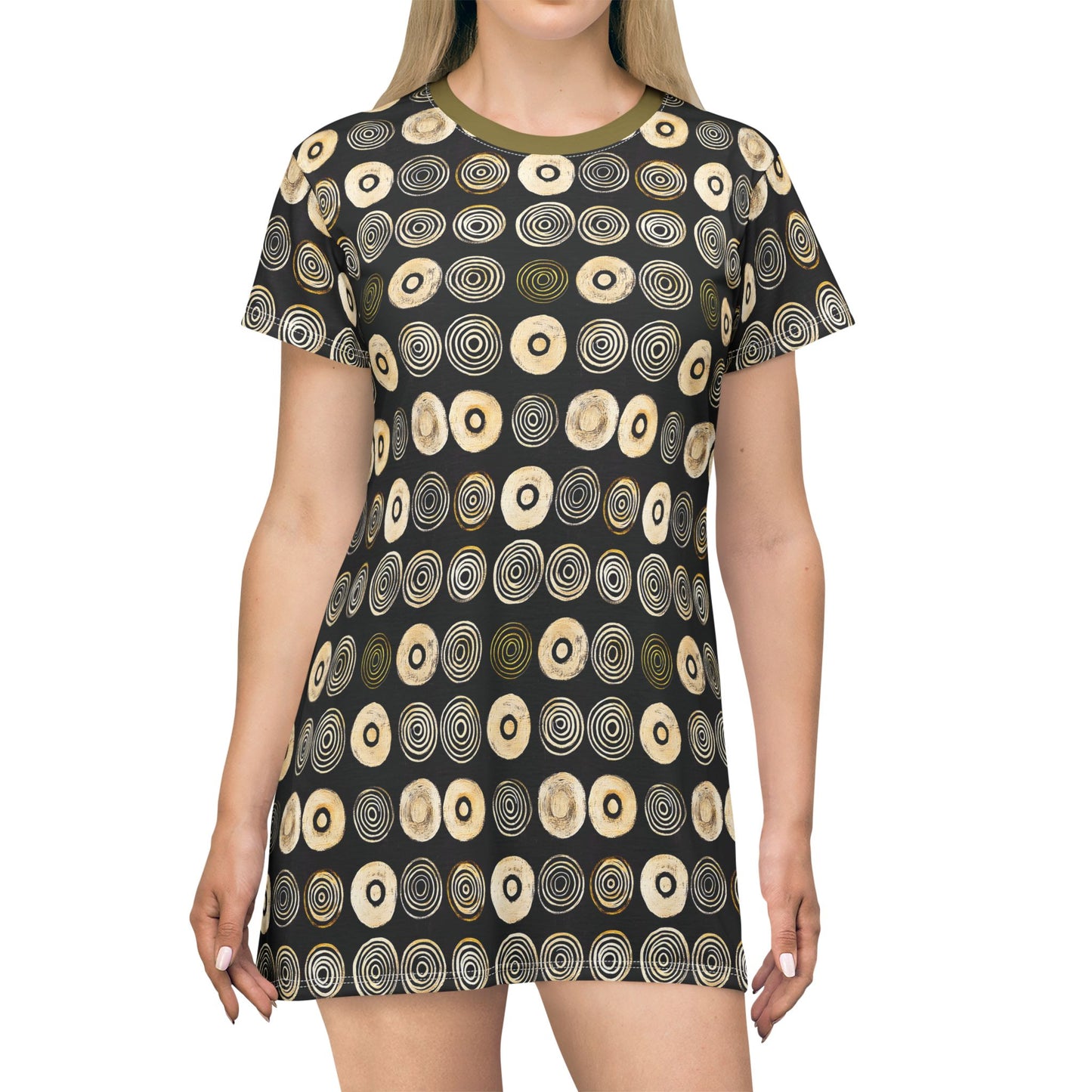 "Punk Polka", Wearable Pattern Art T-Shirt Dress (Soft Fig Green Collar)