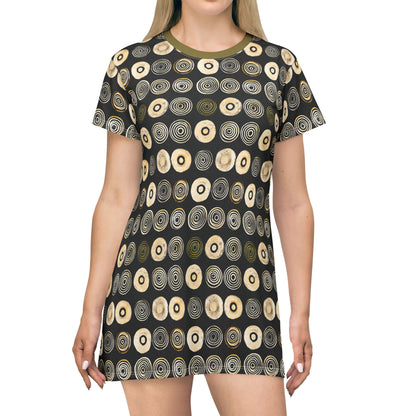 "Punk Polka", Wearable Pattern Art T-Shirt Dress (Soft Fig Green Collar)