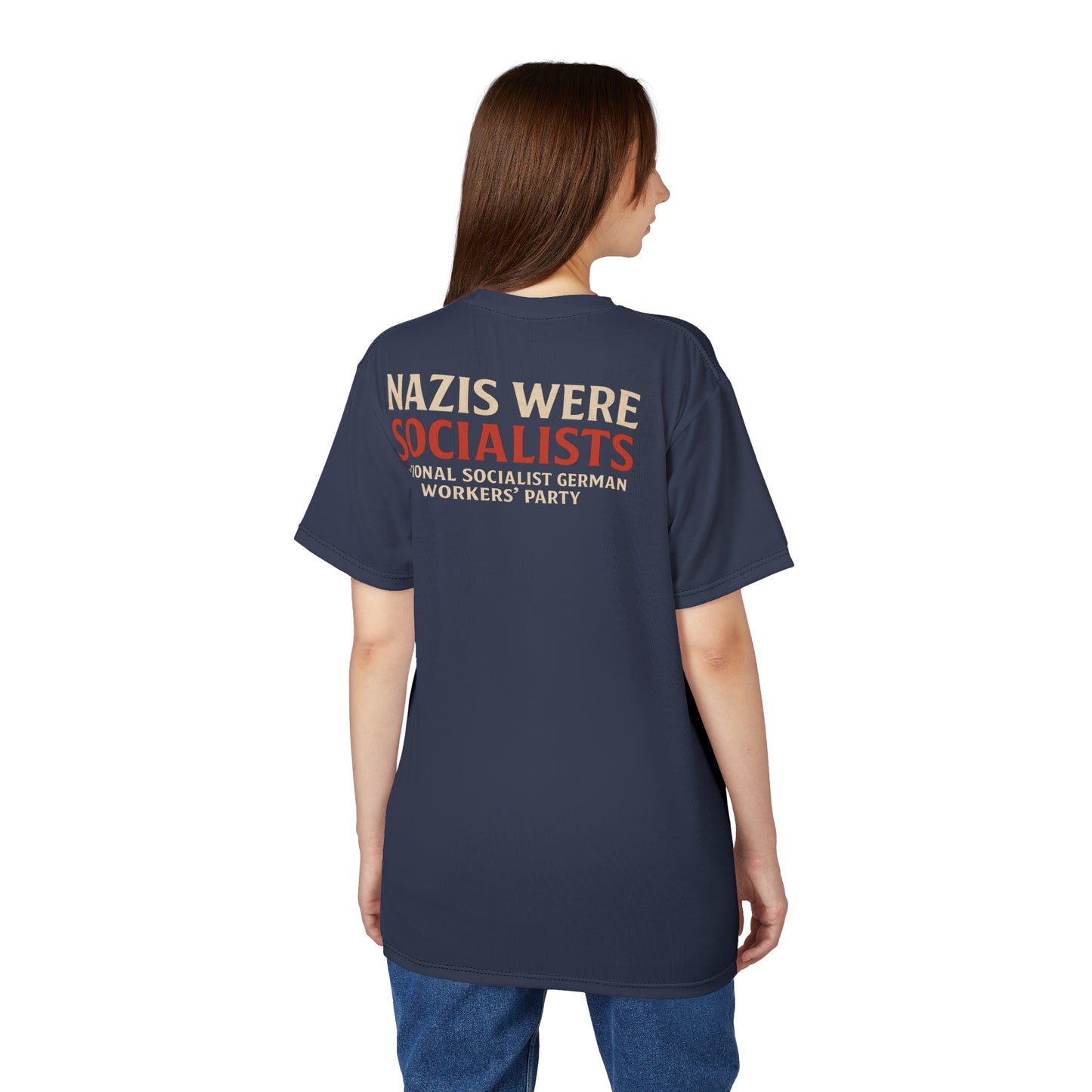 "Nazis were Socialists", Unisex T-shirt (Burka Blue Grey)