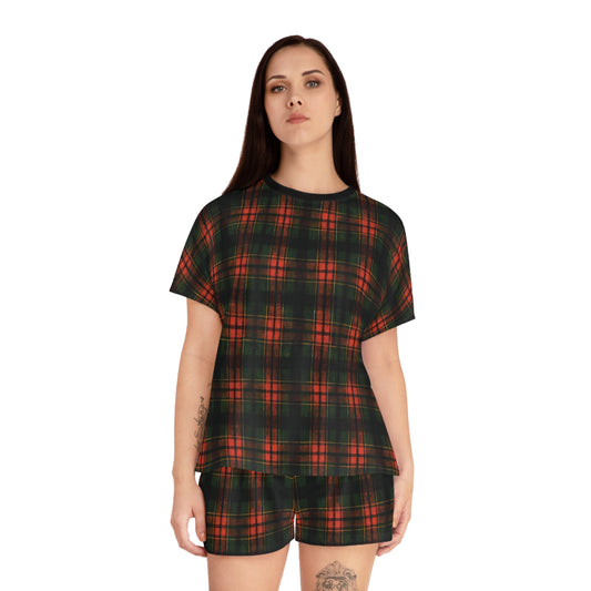 "Kilmor Brieve Tartan", Women's Short Pajama Set (Black Collar & Waist)