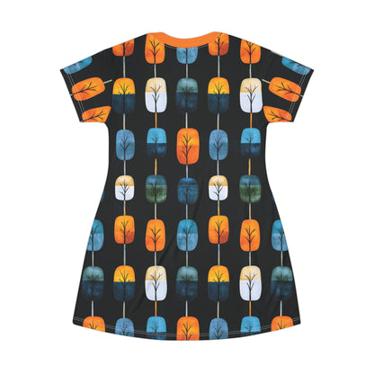 "Skyroot Grove", T-Shirt Dress (Flame Orange Collar)