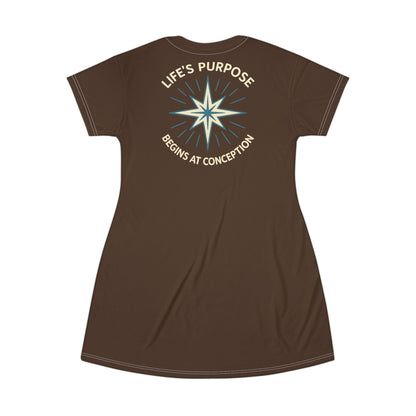 "Life's Purpose Begins at Conception #01", T-Shirt Dress (Bavarian Brown)