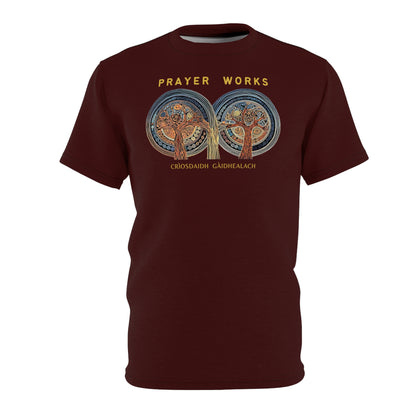 "Prayer Works – Gaelic Christian", Wearable Fine Art Unisex T-shirt (Mahogany)
