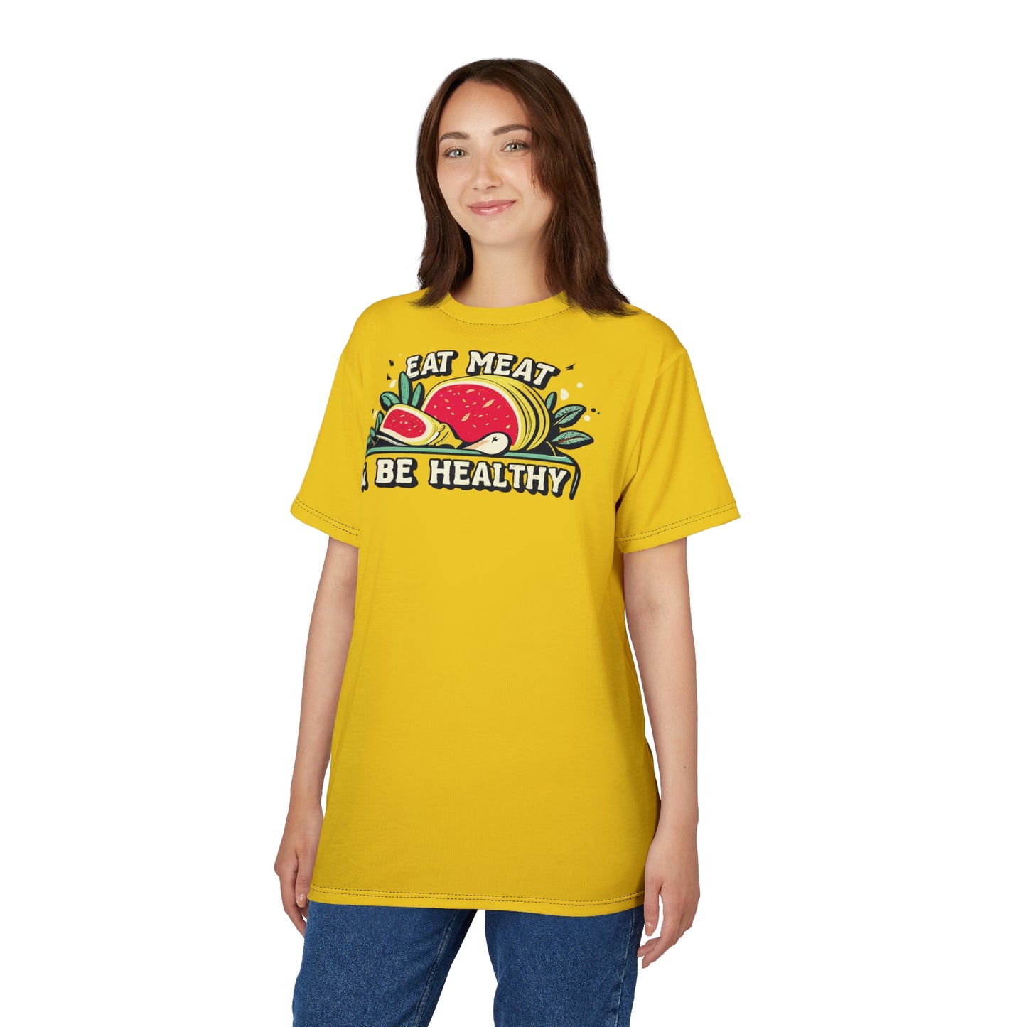 "Eat Meat & Be Healthy", Unisex T-shirt (Gold Yellow)
