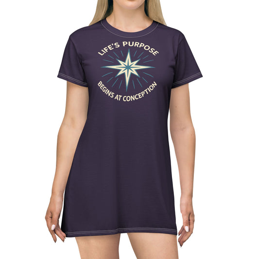 "Life's Purpose Begins at Conception #01", T-Shirt Dress (Academic Purple)
