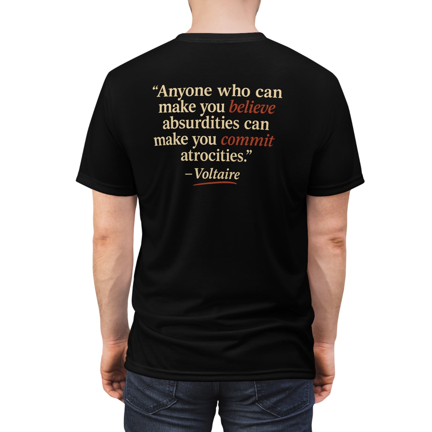 "Beware Woke - Voltaire", Wearable Art Unisex T-shirt (Black Leather)