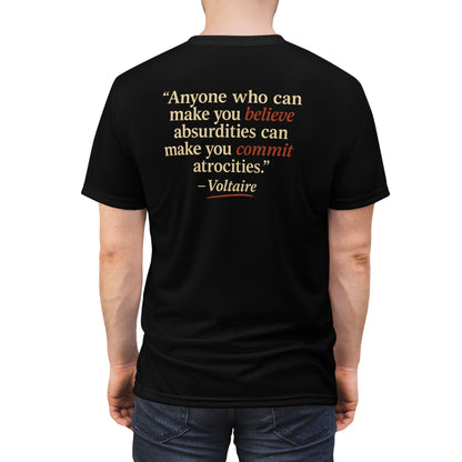 "Beware Woke - Voltaire", Wearable Art Unisex T-shirt (Black Leather)