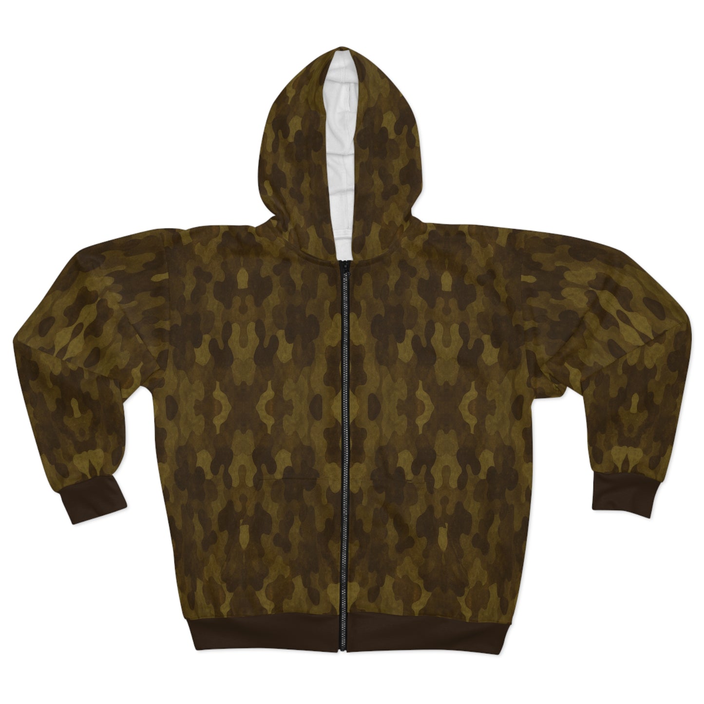 "Swamp Recon Camouflage", Unisex Wearable Art Zip Hoodie (Swamp Brown Cuffs and Waist)