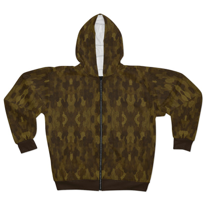 "Swamp Recon Camouflage", Unisex Wearable Art Zip Hoodie (Swamp Brown Cuffs and Waist)