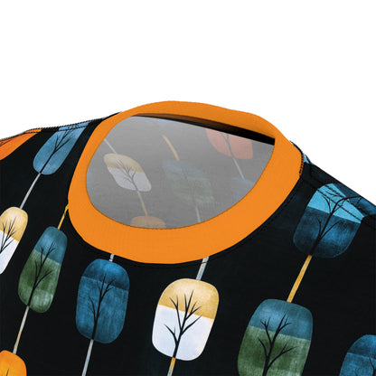"Skyroot Grove", Unisex Tee (Bold Orange Collar)