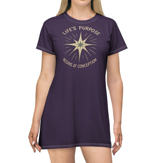 "Life's Purpose Begins at Conception #02", T-Shirt Dress (Imperial Plum)