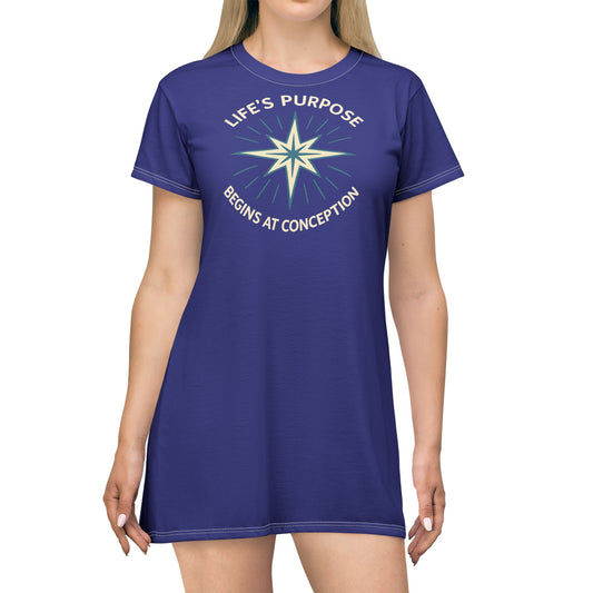 "Life's Purpose Begins at Conception #01", T-Shirt Dress (Cadmium Blue)
