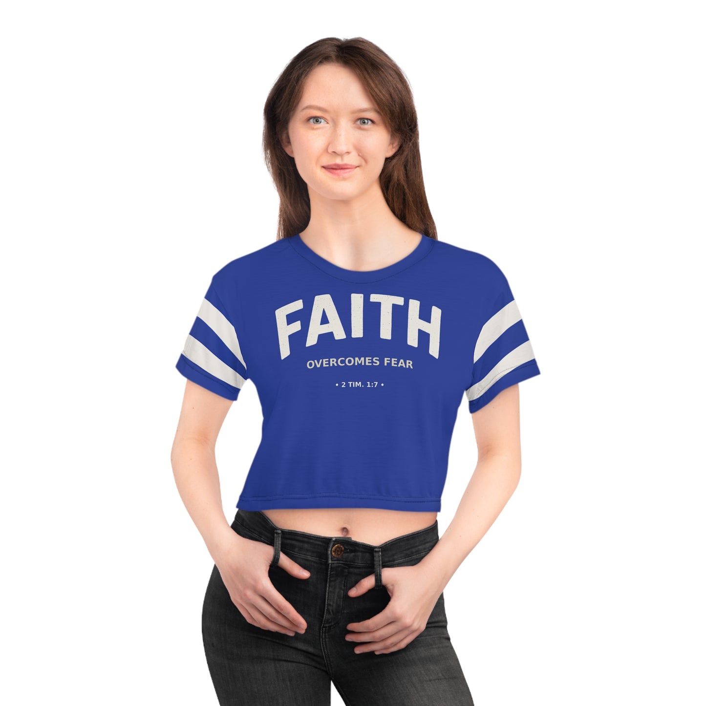 "Faith Overcomes Fear", Crop Tee (Patriot Blue)