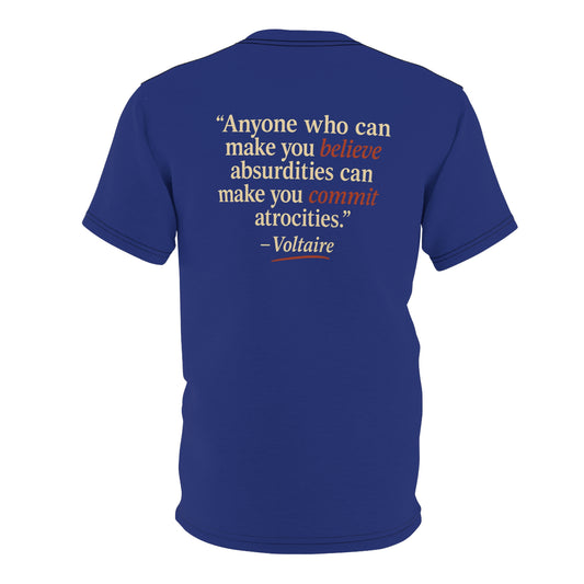 "Beware Woke - Voltaire", Wearable Art Unisex T-shirt (Twilight Blue)