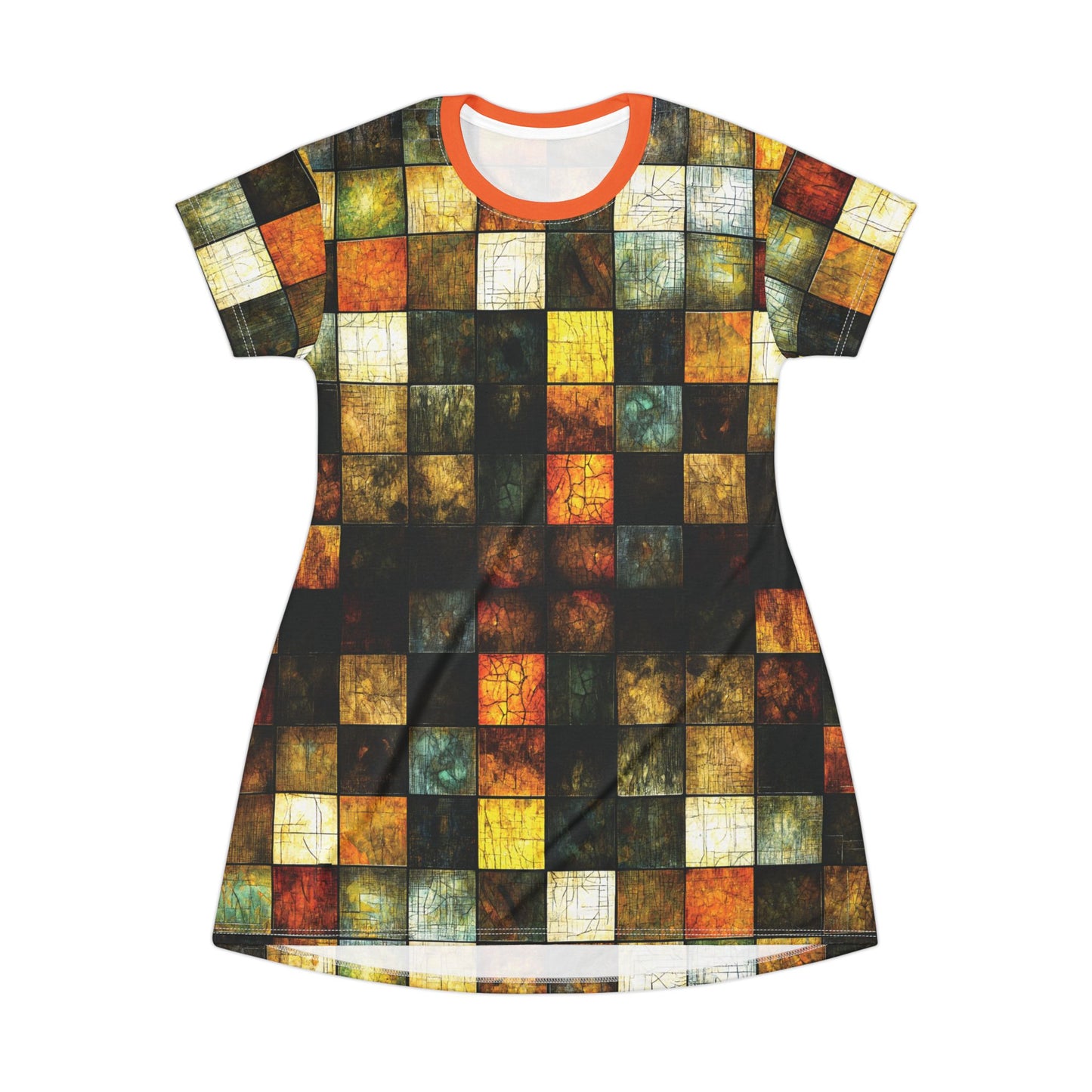 "Wood Block Pattern" #01, Wearable Fine Art T-Shirt Dress (Lava Orange Collar)