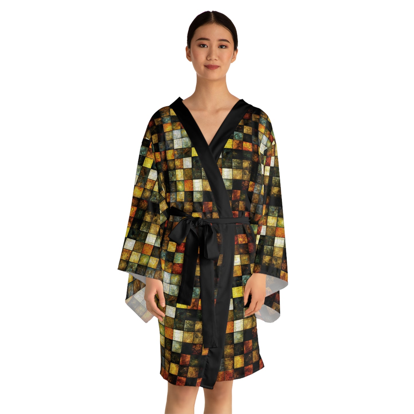 "Wood Block Pattern" #01, Long Sleeve Kimono Robe