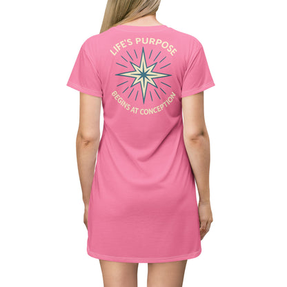 "Life's Purpose Begins at Conception #01", T-Shirt Dress (Carnation Pink)