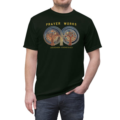 "Prayer Works – Gaelic Christian", Wearable Fine Art Unisex T-shirt (Blackstone Green)