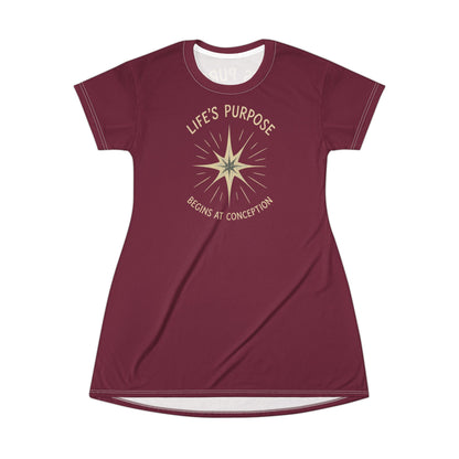 "Life's Purpose Begins at Conception #02", T-Shirt Dress (Broncos Maroon)
