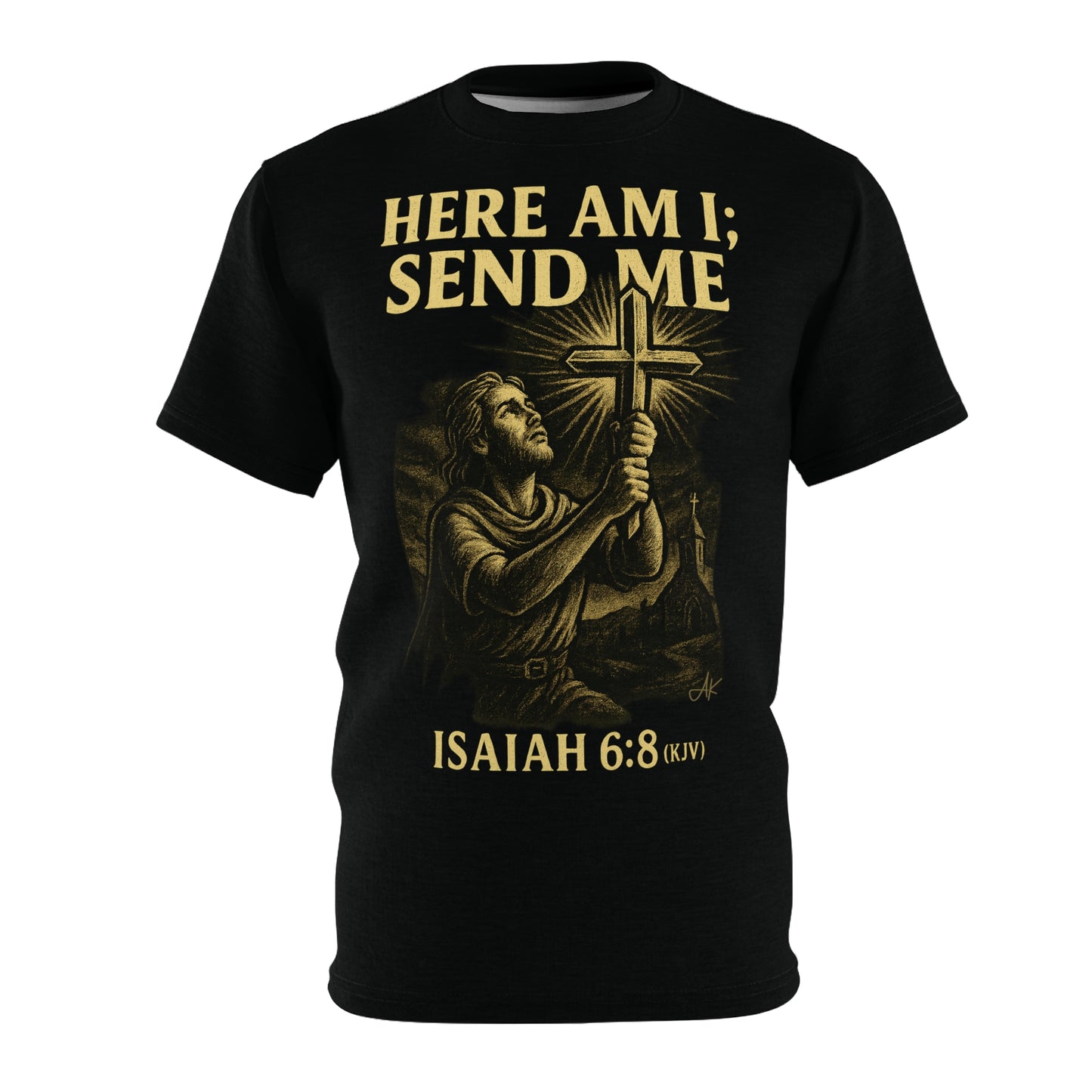 "Isaiah 6:8 (KJV)", Wearable Art Unisex T-shirt (Peatshadow Black)