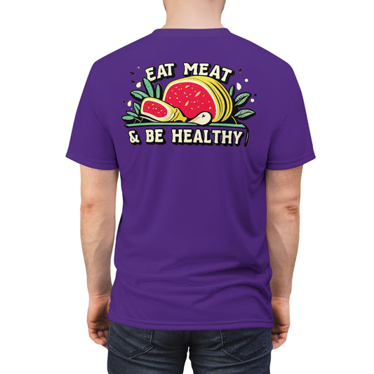 "Eat Meat & Be Healthy", Unisex T-shirt (Deep Purple)