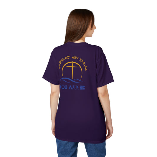 "God Does Not Walk Your Path", Unisex T-shirt (Academic Purple)