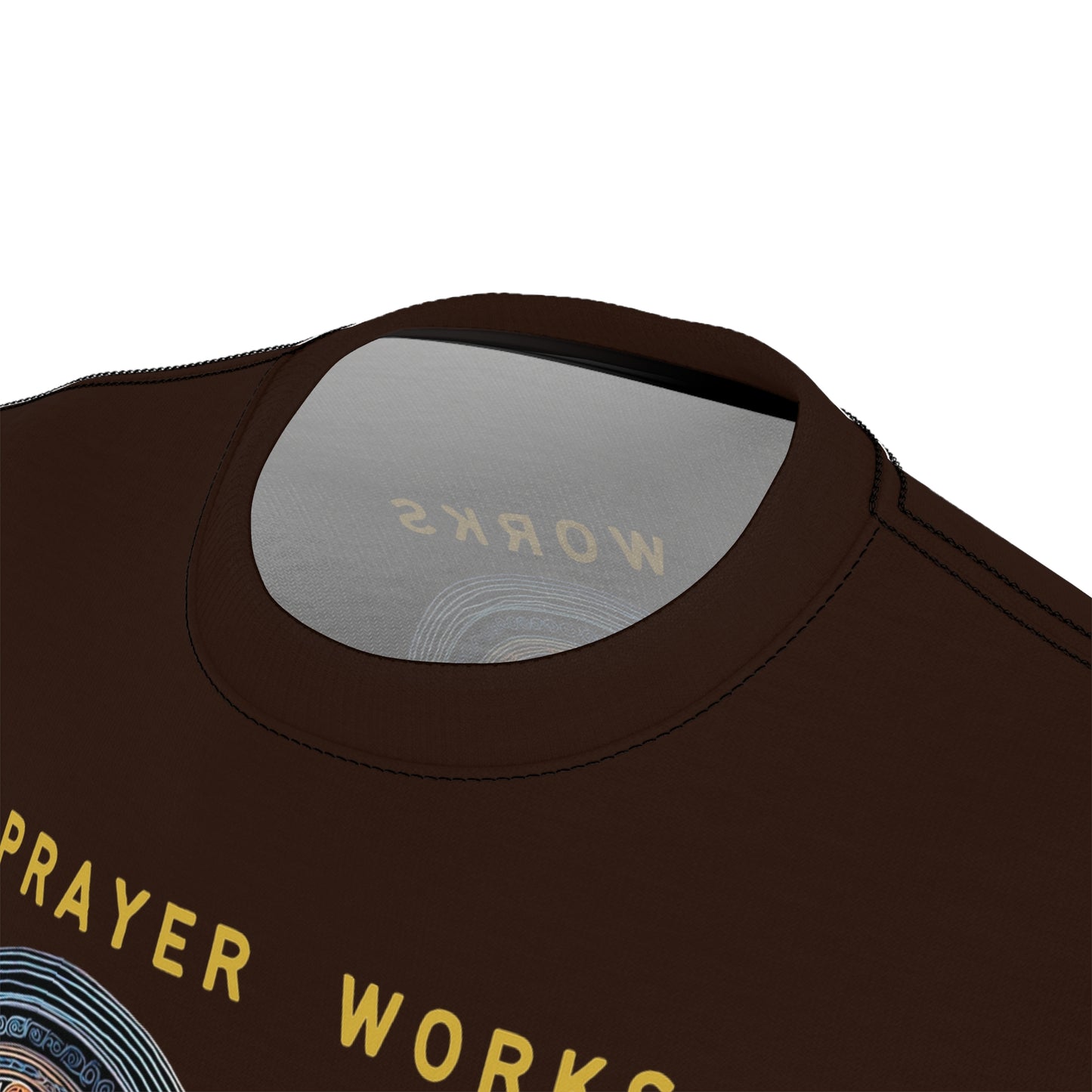 "Prayer Works – Gaelic Christian", Wearable Fine Art Unisex T-shirt (Rich Soil Brown)